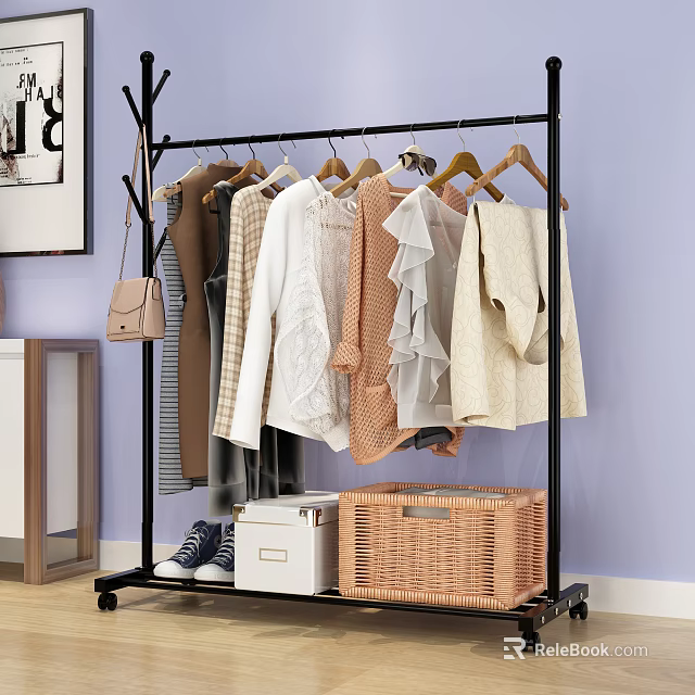 Black Clothes Rack with Hanging Clothes Handbag Shoes and Storage Baskets 3d model 