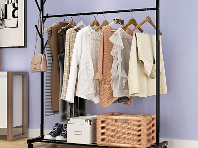 Black Clothes Rack with Hanging Clothes Handbag Shoes and Storage Baskets 3d model