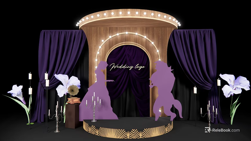 Elegant Wedding Stage with Purple Curtains Wooden Arch Lights Silhouette Figures and Gold Edges 3d model 