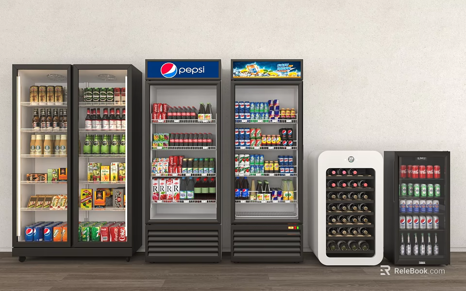 Multiple Display Refrigerators And Freezers Filled With Pepsi Drinks Various Beverages Wines And Beers 3d model 