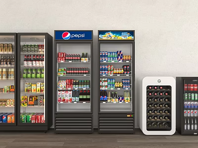 Multiple Display Refrigerators And Freezers Filled With Pepsi Drinks Various Beverages Wines And Beers 3d model