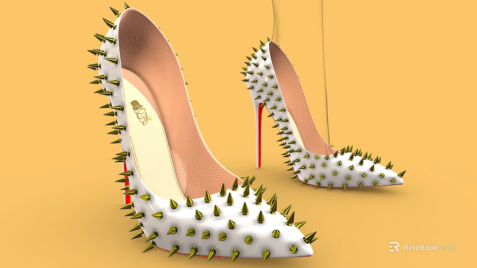 White Spiked High Heels With Red Heels And Decorative Spikes 3d model 