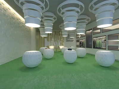Modern Space With Green Floor White Spherical Seats Circular Pendant Lights Display Shelves And Clothes 3d model