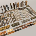 Various Types of Natural Stone and Wood Materials Including Logs Branches and Blocks