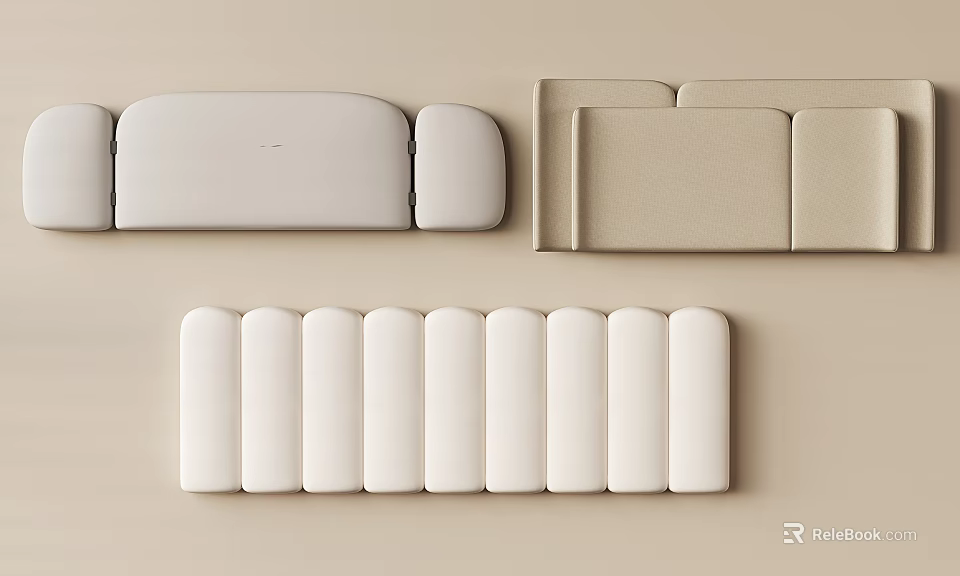 Modular Furniture Components Featuring White Beige Soft Padded Upholstered Rectangular Curved Shapes 3d model 