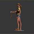 3D Character in Yellow T-shirt Holding Green Creature with Red Rope Standing on White Pedestal