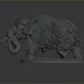 Gray 3D Mammoth Sculpture With Long Fur Curved Tusks And Round Base