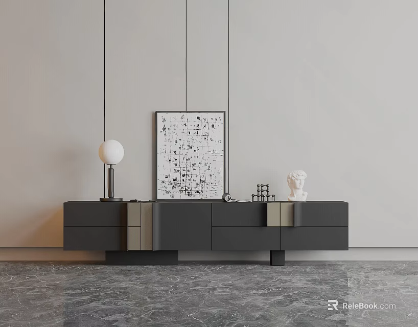 Modern Gray TV Stand With Table Lamp Abstract Painting And Small Statue 3d model 
