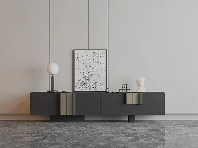 Modern Gray TV Stand With Table Lamp Abstract Painting And Small Statue 3d model