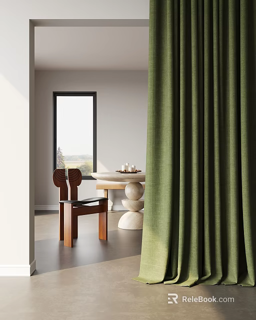 Luxurious Green Curtains in Modern Interior with Scenic Window Wooden Chair and Table 3d model 
