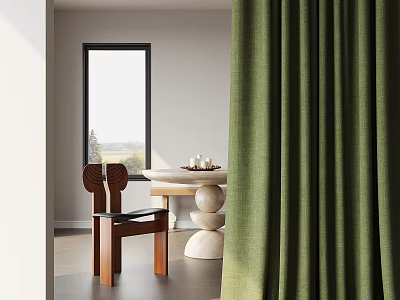 Luxurious Green Curtains in Modern Interior with Scenic Window Wooden Chair and Table 3d model