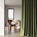Luxurious Green Curtains in Modern Interior with Scenic Window Wooden Chair and Table