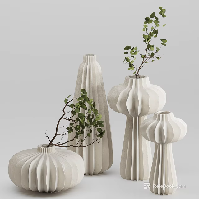Minimalist White Textured Vases With Sculptural Shapes And Green Eucalyptus Foliage For Home Interior 3d model 