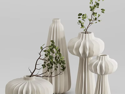 Minimalist White Textured Vases With Sculptural Shapes And Green Eucalyptus Foliage For Home Interior 3d model