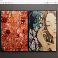 Two Art Paintings Featuring Red Branch with Birds and Female Portrait with Leaves