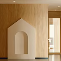 Modern Office Corridor With Wooden Walls Dark Floor Recessed Lights And White Sculpture Design