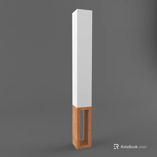 Minimalist Floor Lamp With White Columnar Body And Wooden Support Stand 3d model 