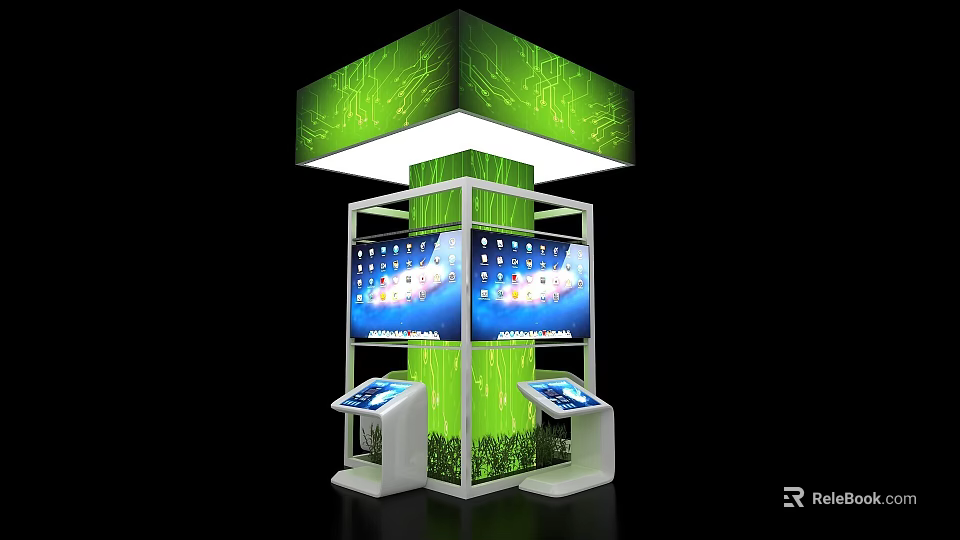 Modern Exhibition Island With Green Leaf Vein Texture Top White Frame And Touch Screens 3d model 