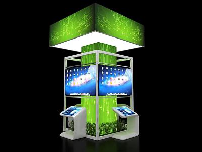Modern Exhibition Island With Green Leaf Vein Texture Top White Frame And Touch Screens 3d model