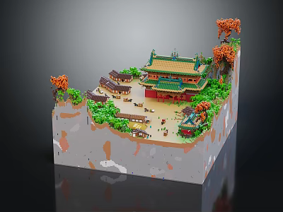 Cartoon Scene of Chinese Ancient Palace with Orange Trees Small Buildings and Figures 3d model
