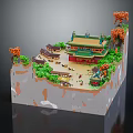 Cartoon Scene of Chinese Ancient Palace with Orange Trees Small Buildings and Figures