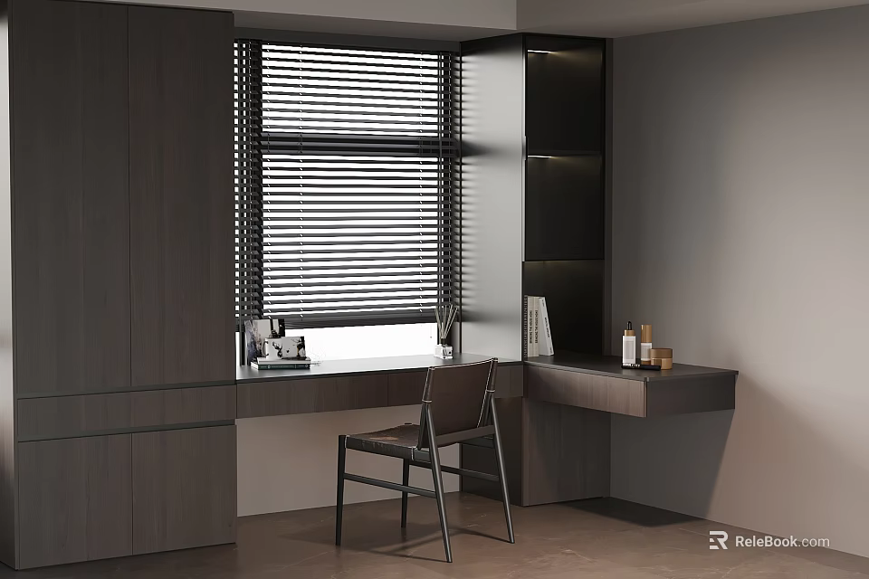 Modern Bay Window Cabinet With Blinds Desk And Chair In Interior Design 3d model 