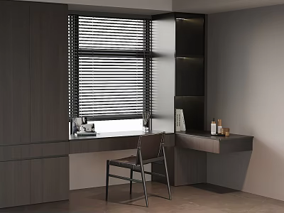 Modern Bay Window Cabinet With Blinds Desk And Chair In Interior Design 3d model