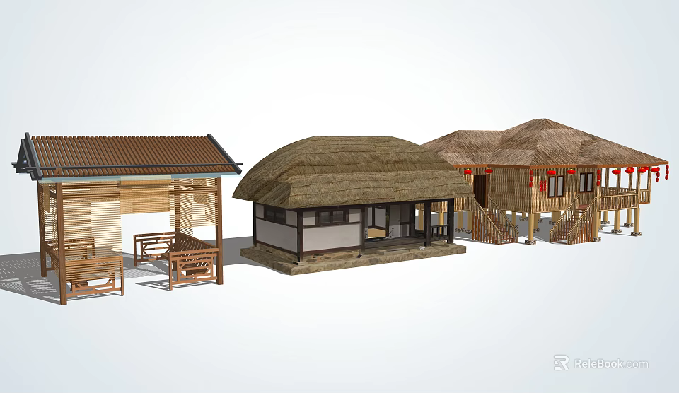 Traditional Rural Houses Featuring Thatched Roofs Wooden Frames And Open Verandas 3d model 