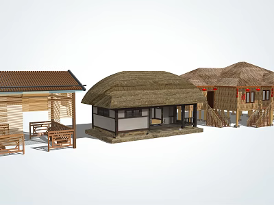 Traditional Rural Houses Featuring Thatched Roofs Wooden Frames And Open Verandas 3d model