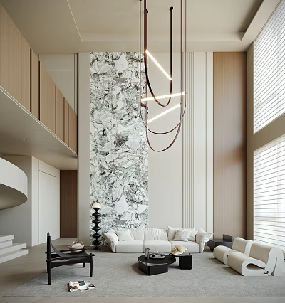 Modern Living Room with Floral Mural Geometric Chandelier White Sofa Wooden Accents and Large Windows 3d model