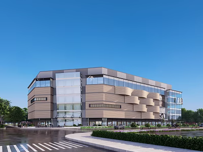 Modern Office Building With Glass Curtain Walls And Landscaped Surrounding Gardens 3d model