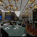 Modern Restaurant Interior with Green Tablecloths Golden Pendant Lights Neat Tables and Wooden Floors