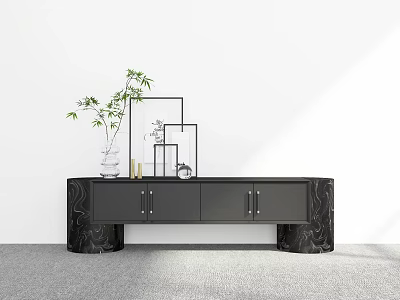 Modern Black TV Stand with Decorative Plant and Geometric Ornaments in Minimalist Living Room 3d model