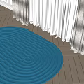 Blue Wavy Striped Rug For Modern Interior Decor With Sunlight Curtains On Wooden Floor