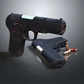 Black Worn Pistol With Magazine And Bullets On Dark Surface 3d model