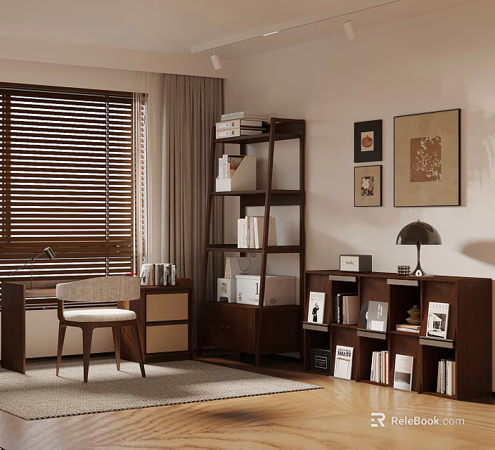 Cozy Study Room Interior With Wooden Bookshelves Desk Chair And Framed Art 3d model 