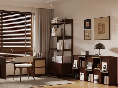 Cozy Study Room Interior With Wooden Bookshelves Desk Chair And Framed Art 3d model