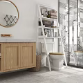 Modern Bathroom Vanity with Wooden Cabinet Round Mirror and Marble Countertop