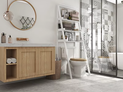 Modern Bathroom Vanity with Wooden Cabinet Round Mirror and Marble Countertop 3d model