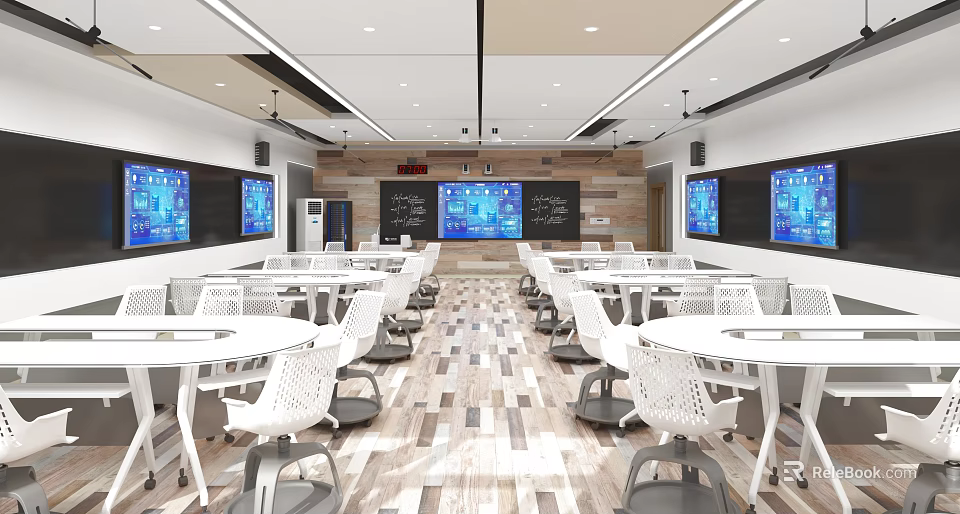 School Modern Classroom With White Desks Chairs Multiple Electronic Screens Wooden Floors Ceiling Lights Cameras 3d model 