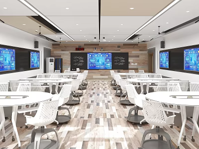 School Modern Classroom With White Desks Chairs Multiple Electronic Screens Wooden Floors Ceiling Lights Cameras 3d model