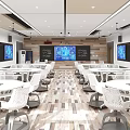 School Modern Classroom With White Desks Chairs Multiple Electronic Screens Wooden Floors Ceiling Lights Cameras