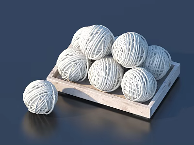 Household White Yarn Balls Placed In Wooden Tray With Single One Beside 3d model