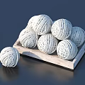 Household White Yarn Balls Placed In Wooden Tray With Single One Beside