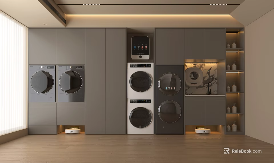 Modern Home Balcony Laundry Area With Multiple Washing Machines Dryers And Gray Cabinetry 3d model 