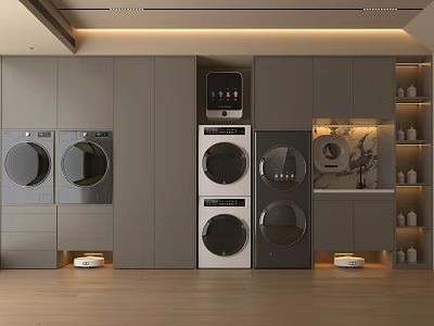 Modern Home Balcony Laundry Area With Multiple Washing Machines Dryers And Gray Cabinetry 3d model