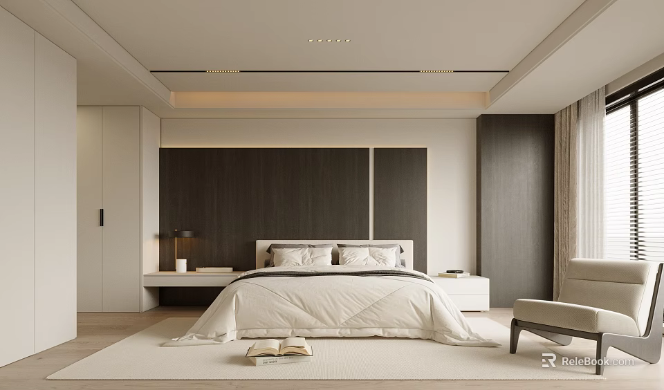 Elegant Modern Bedroom Interior Featuring King Bed Wooden Accent Wall And Neutral Bedding 3d model 