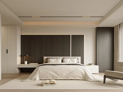 Elegant Modern Bedroom Interior Featuring King Bed Wooden Accent Wall And Neutral Bedding 3d model