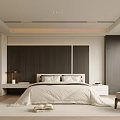 Elegant Modern Bedroom Interior Featuring King Bed Wooden Accent Wall And Neutral Bedding