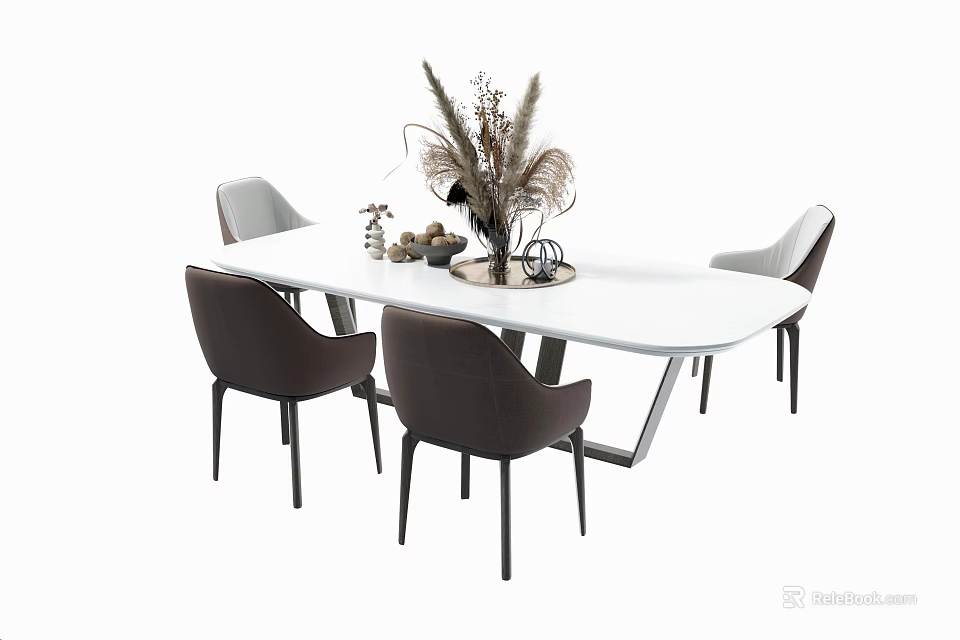 Modern White Oval Dining Table Set With Brown Gray Chairs And Dried Flower Decor 3d model